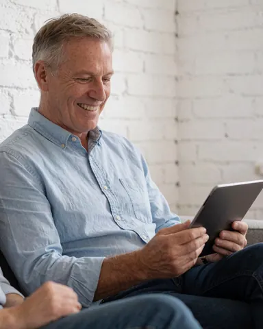 Un homme heureux regarde son écran de tablette tout en suivant un cours en ligne depuis le confort de son intérieur.
