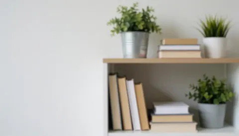 Vue d'un coin de bureau professionnel avec une étagère en bois remplie de livres, des plantes vertes et un espace blanc pour insérer du texte.