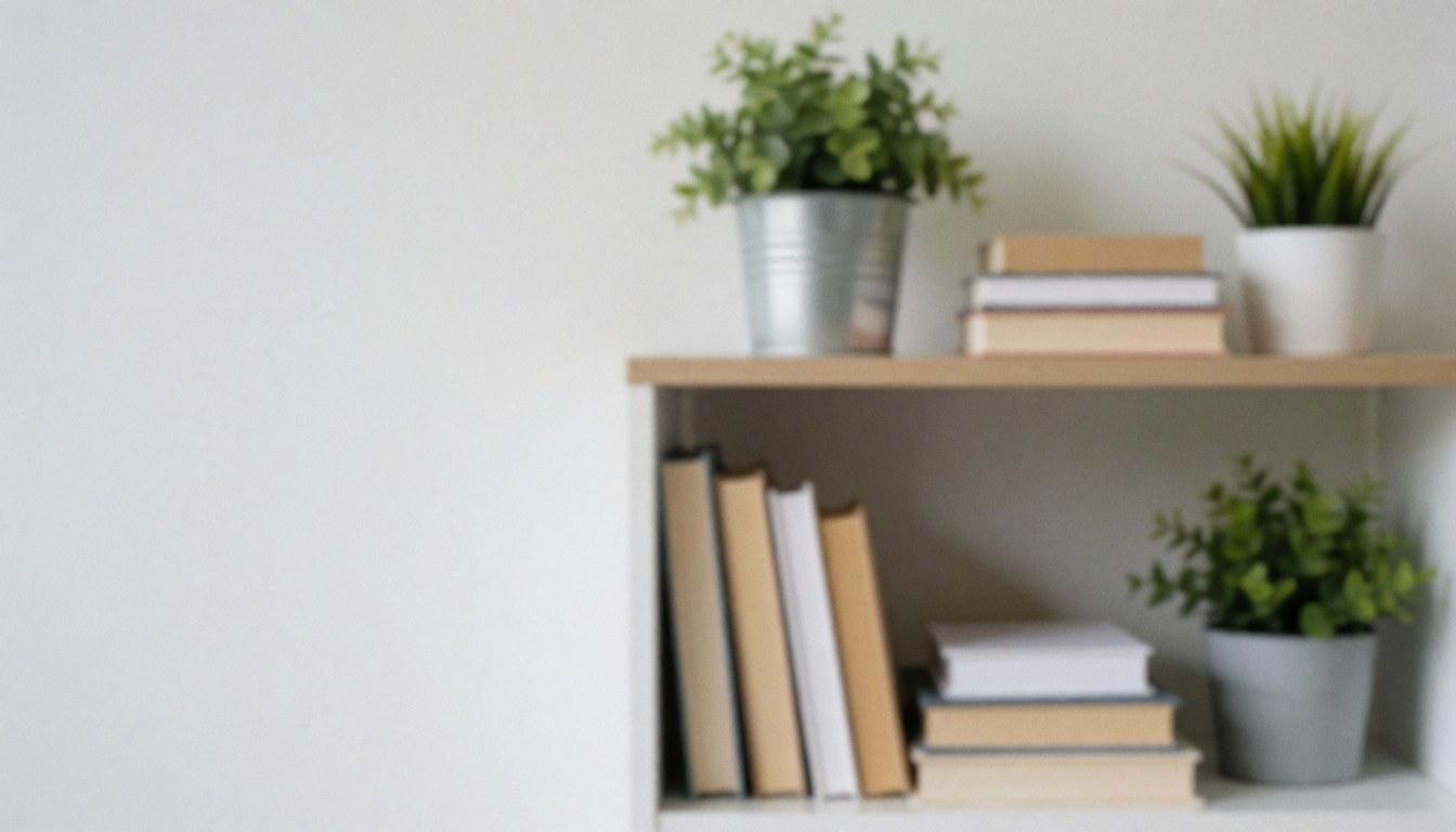 Vue d'un coin de bureau professionnel avec une étagère en bois remplie de livres, des plantes vertes et un espace blanc pour insérer du texte.
