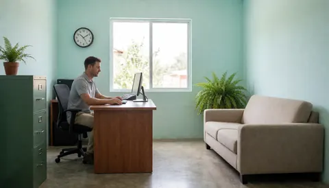 Un homme travaille sur un bureau en bois dans une petite pièce aux murs turquoise, avec un canapé beige, une grande fenêtre laissant entrer la lumière naturelle et une plante verte.