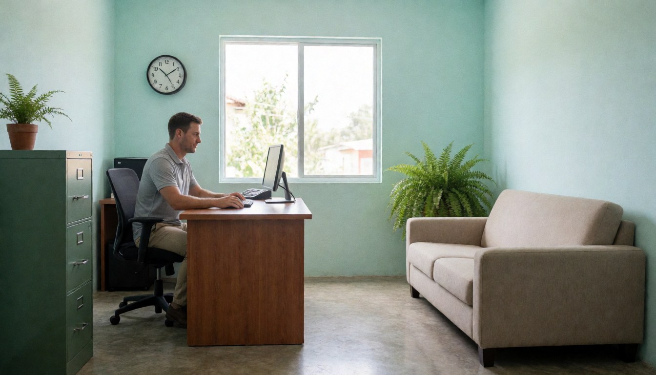 Un homme travaille sur un bureau en bois dans une petite pièce aux murs turquoise, avec un canapé beige, une grande fenêtre laissant entrer la lumière naturelle et une plante verte.