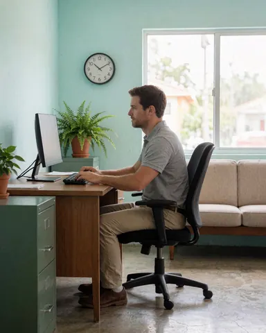 Un homme travaille sur un ordinateur dans un bureau lumineux avec murs turquoise, canapé, montre, plante et fenêtre.