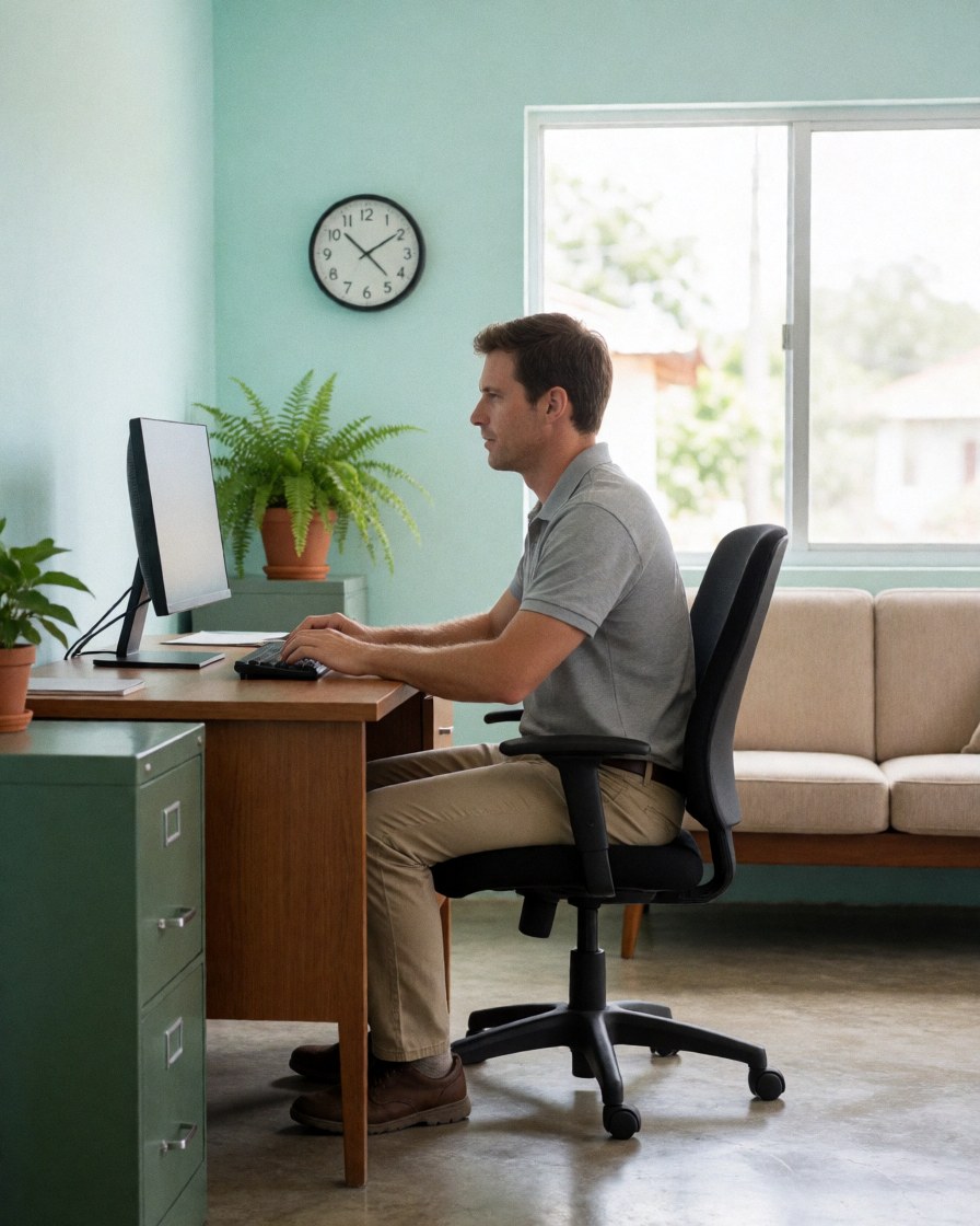 Un homme travaille sur un ordinateur dans un bureau lumineux avec murs turquoise, canapé, montre, plante et fenêtre.