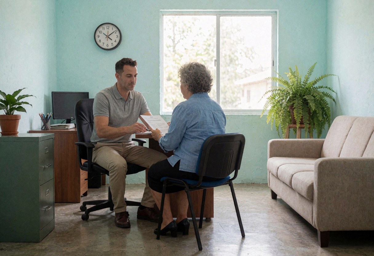 Un recruteur et une cliente consultent des papiers assis dans un bureau moderne avec murs turquoise, plante verte, canapé beige et grande fenêtre laissant entrer la lumière naturelle.