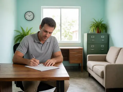 Vue rapprochée d'une documentation administrative posée sur un bureau en bois avec une plume, dans un environnement de bureau calme et professionnel.