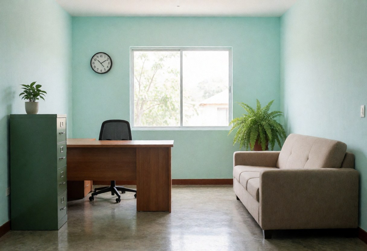 Petit bureau avec murs turquoise, bureau en bois, canapé beige, classeur vert et fenêtre laissant entrer la lumière naturelle.