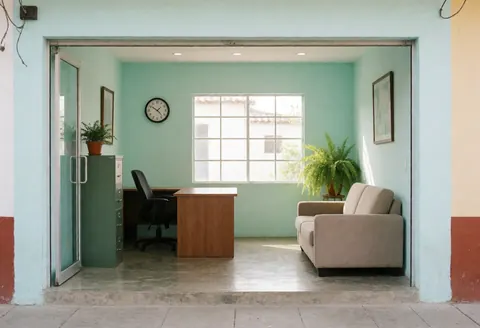 Petit bureau aux murs turquoise, équipé d'un bureau, d'un canapé et d'une fenêtre. Idéal pour les ressources humaines et les petites entreprises.