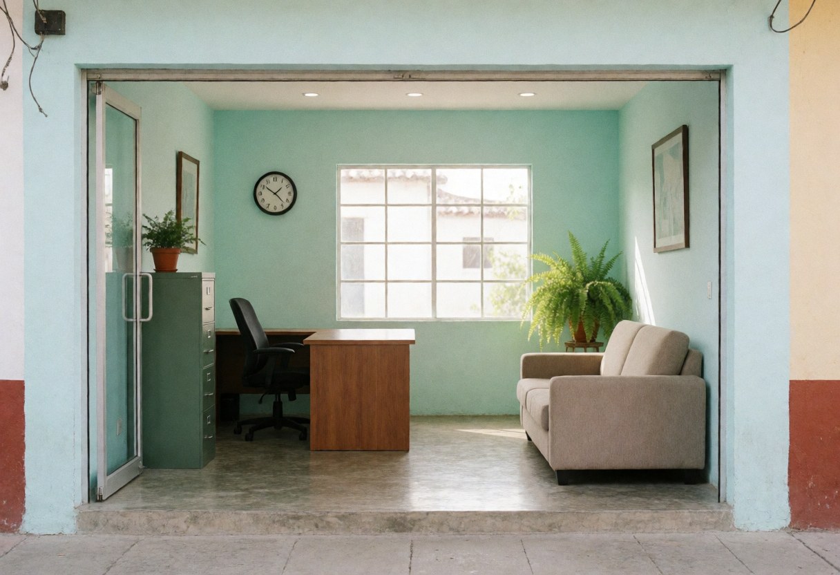 Petit bureau aux murs turquoise, équipé d'un bureau, d'un canapé et d'une fenêtre. Idéal pour les ressources humaines et les petites entreprises.