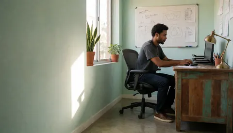 Jeune homme concentré devant son écran dans un espace de travail moderne avec plantes, tableau blanc et lumière naturelle.