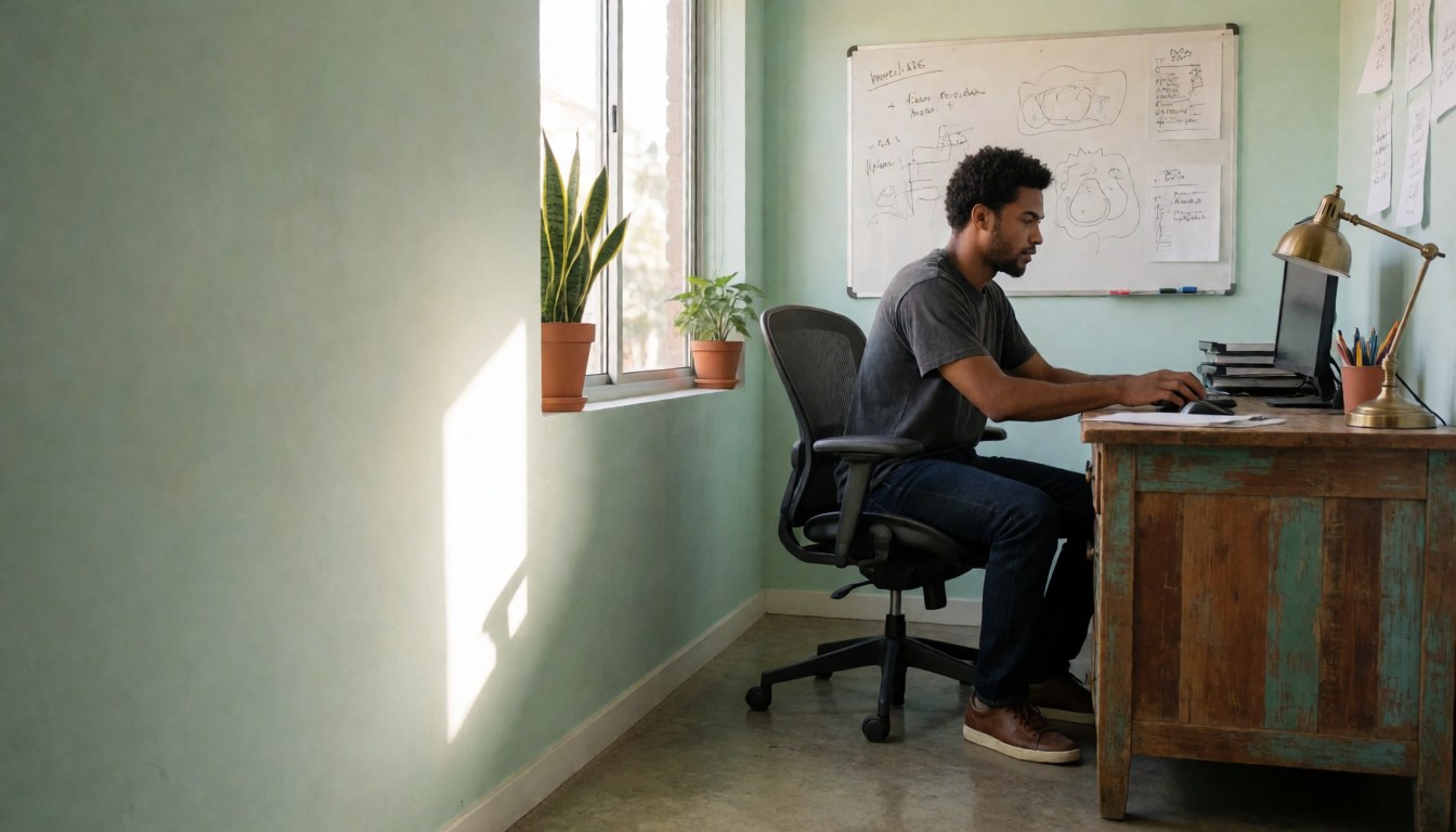 Jeune homme concentré devant son écran dans un espace de travail moderne avec plantes, tableau blanc et lumière naturelle.