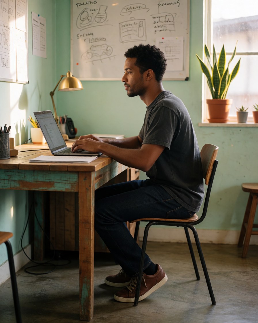 Un homme jeune travaille sur un ordinateur portable posé sur un bureau en bois dans un bureau aux murs verts avec une plante près de la fenêtre.