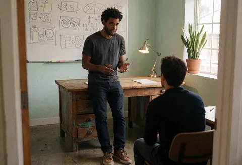 Un professionnel présente un projet à un client assis dans un bureau lumineux avec tableau blanc et plantes, favorisant la collaboration.