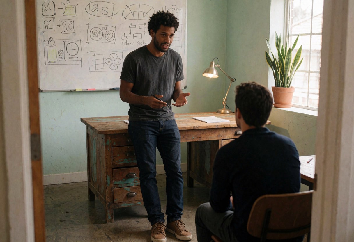 Un professionnel présente un projet à un client assis dans un bureau lumineux avec tableau blanc et plantes, favorisant la collaboration.