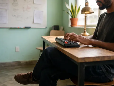 Vue rapprochée d'un espace de travail avec clavier, ordinateur portable, plantes vertes et murs verts dans une petite startup.