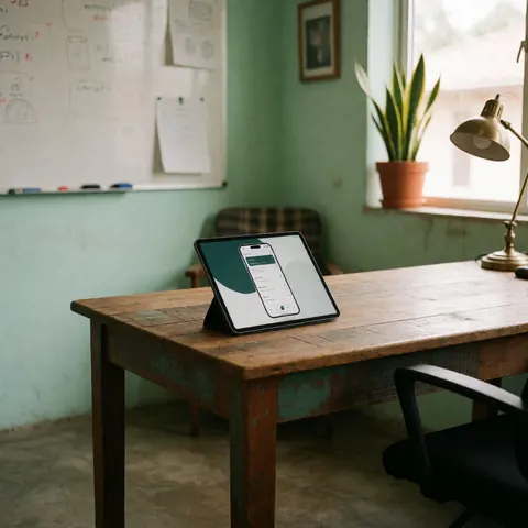Tablette affichant une interface d'application sur un bureau rustique en bois, murs verts, fenêtre avec plante et lampe vintage.