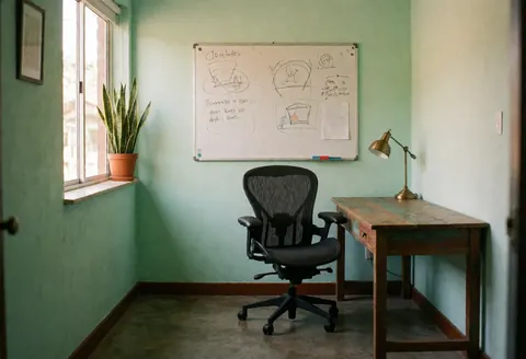 Espace de travail moderne aux murs verts, bureau en bois, chaise ergonomique, tableau blanc avec croquis et plante près de la fenêtre.
