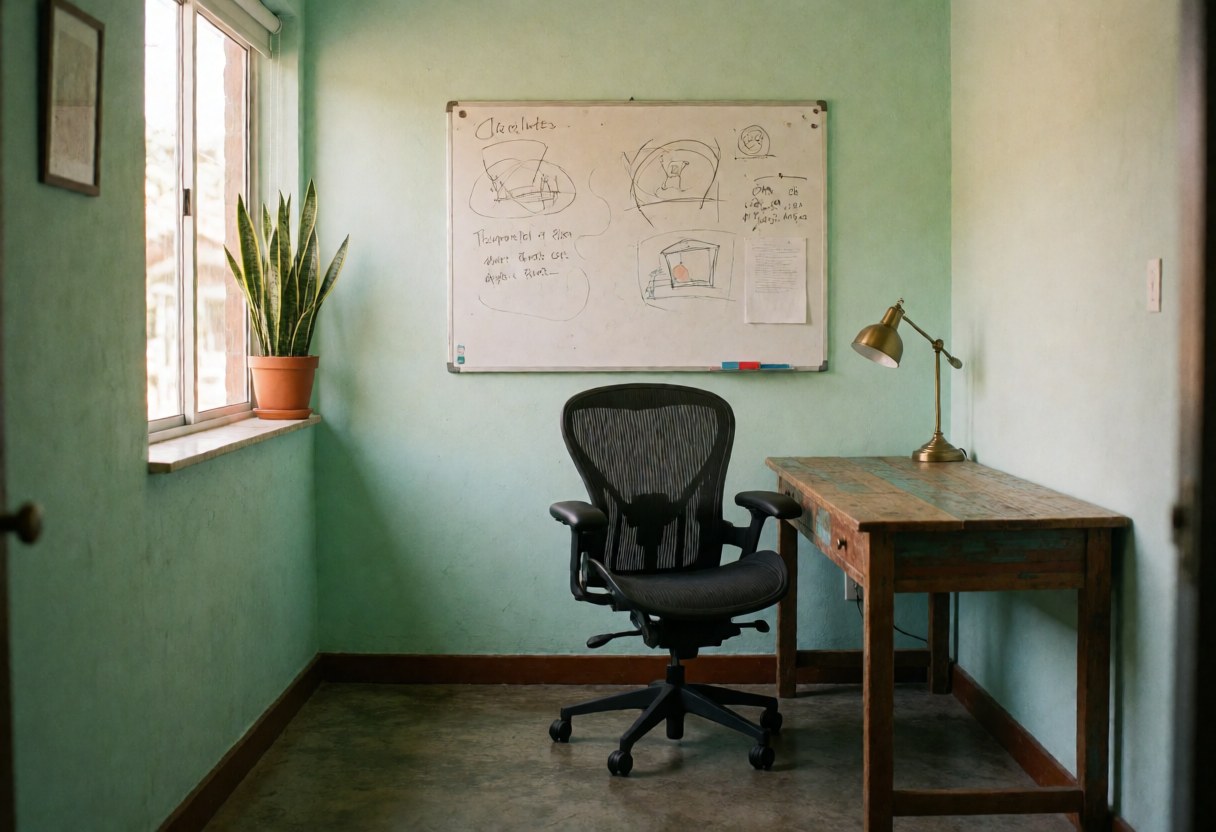 Espace de travail moderne aux murs verts, bureau en bois, chaise ergonomique, tableau blanc avec croquis et plante près de la fenêtre.