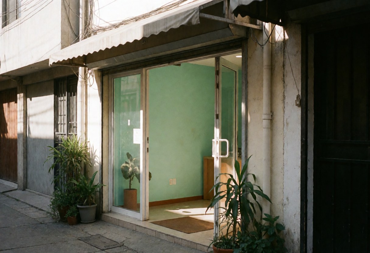 Vue d'une entrée de bureau moderne avec une porte vitrée ouverte, des murs verts et des plantes décoratives, baignée de lumière naturelle.