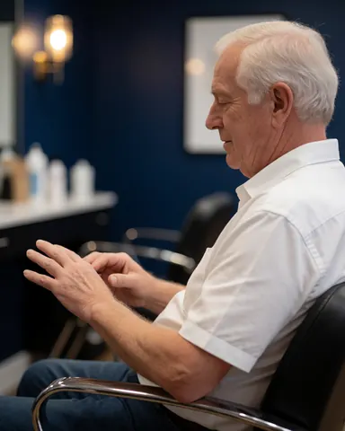 Un homme âgé assis sur une chaise observe avec satisfaction ses mains fraîchement traitées dans un salon aux murs bleus et à l'éclairage chaleureux.