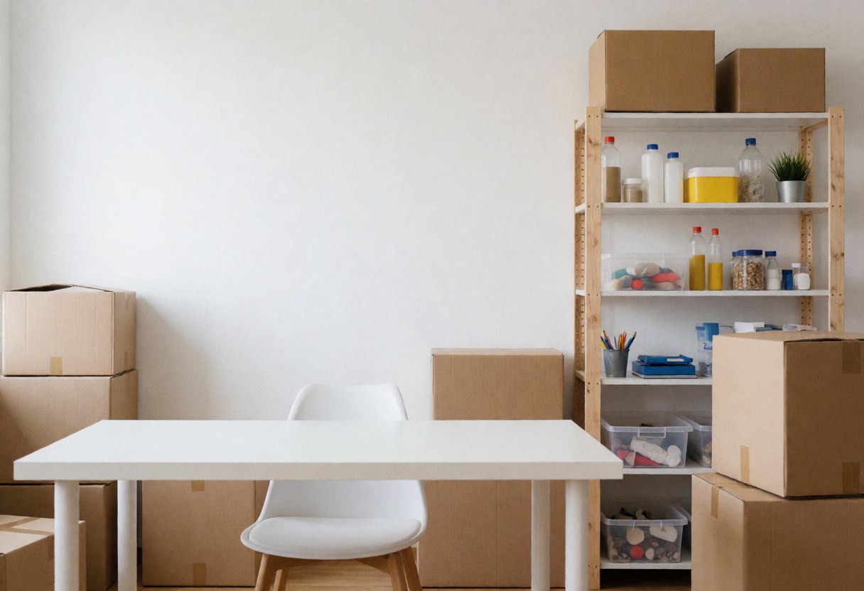 Un bureau blanc et une chaise dans un espace de travail prêt à fonctionner, avec étagère en bois et cartons, idéal pour la logistique et l'expédition.