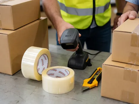 Employé logistique scanne des colis avec un appareil, entouré de ruban adhésif, couteaux et boîtes sur une table de travail.