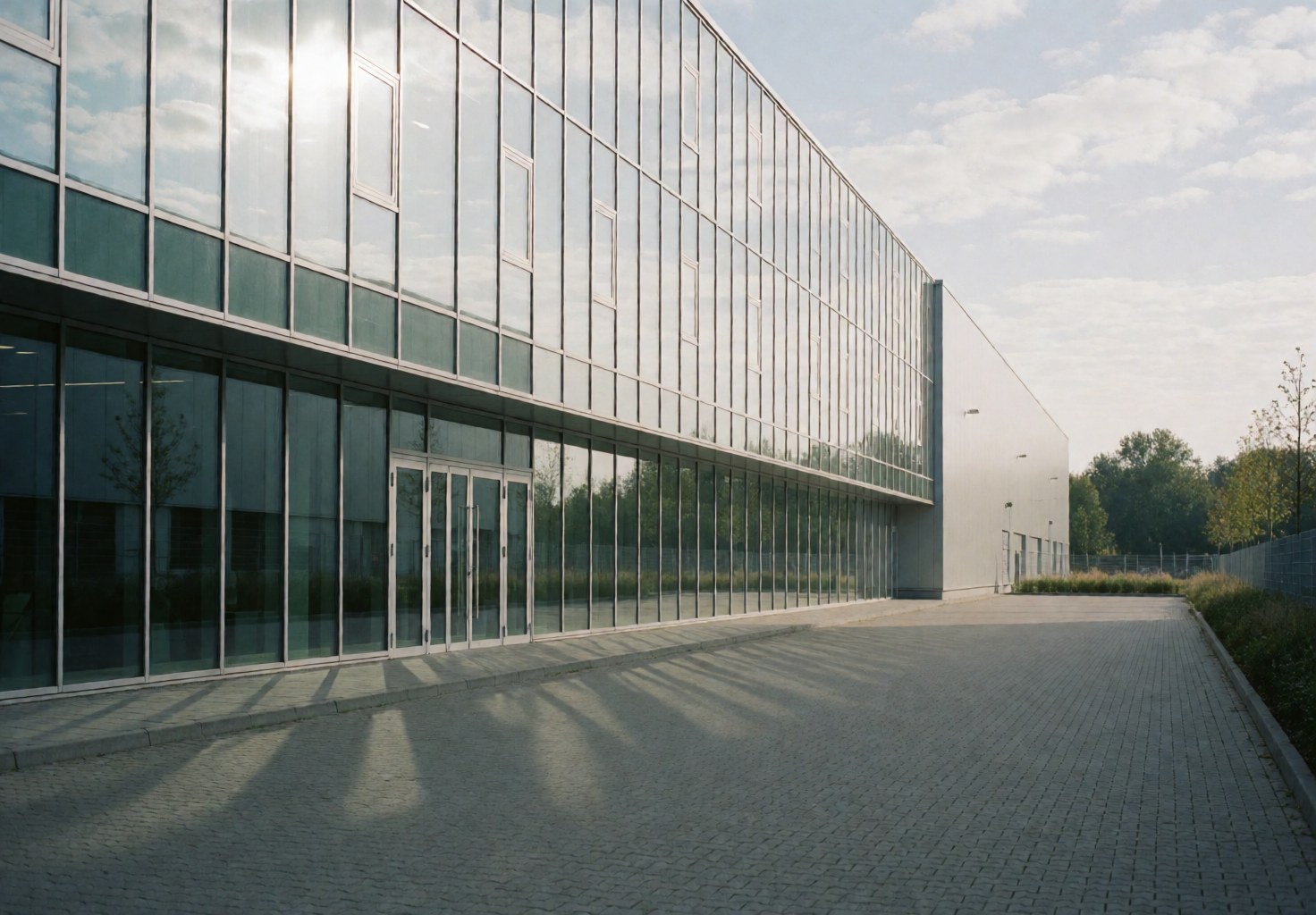 Vue extérieure d'une façade de bâtiment industriel avec des fenêtres en verre reflétant le ciel et les nuages.