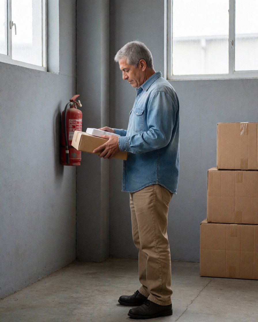 Un homme âgé scanne des colis dans un entrepôt industriel avec des murs gris, des cartons empilés et un extincteur rouge au mur.