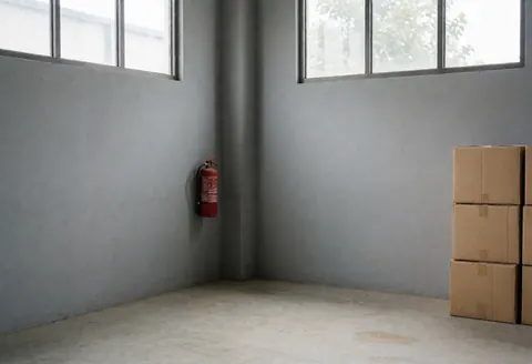 Intérieur d'un entrepôt industriel vide aux murs gris et fenêtres hautes, un extincteur rouge fixé au mur et une pile de cartons dans le coin.