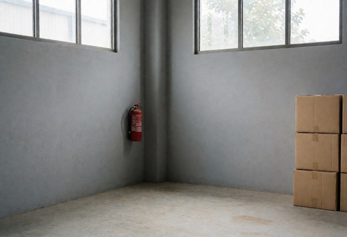 Intérieur d'un entrepôt industriel vide aux murs gris et fenêtres hautes, un extincteur rouge fixé au mur et une pile de cartons dans le coin.