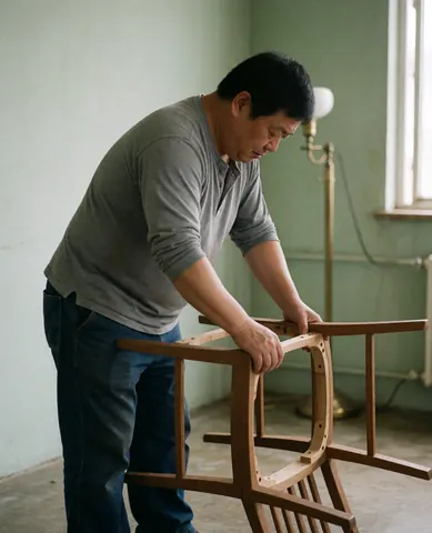 Un homme en t-shirt gris et jean assemble un cadre de chaise en bois dans un atelier aux murs verts et au sol poli, avec une lampe en bronze en arrière-plan.