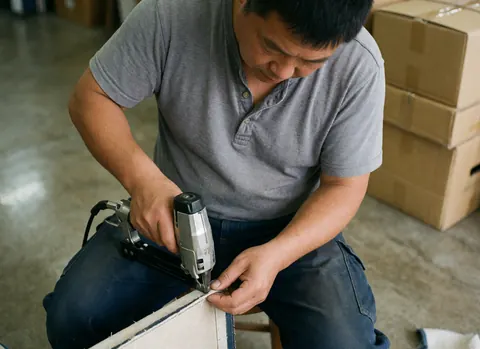 Gros plan sur des mains d'ouvrier utilisant une pistolet à clous pour travailler le bois dans un environnement industriel.
