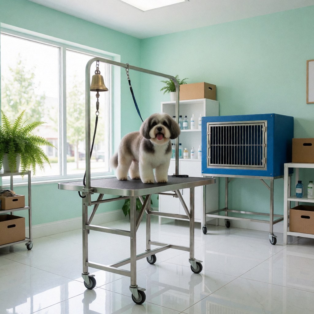 Chien bien peigné et propre sur une table en acier inoxydable dans un salon pour chiens avec murs verts et sol blanc brillant, cage bleue et plante à proximité.
