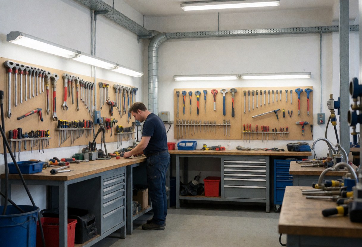 Un plombier effectue des réparations dans un atelier professionnel avec des outils de plomberie organisés sur les murs, les tables et les tiroirs métalliques sous un éclairage industriel.