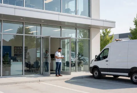 Façade d'un bureau moderne de plomberie avec un van stationné devant. Un homme lit un document à l'entrée, dans un environnement professionnel et lumineux.