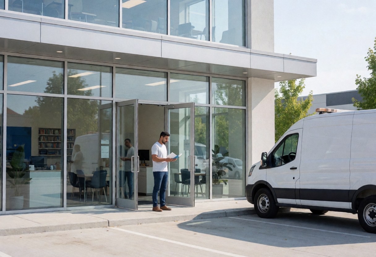 Façade d'un bureau moderne de plomberie avec un van stationné devant. Un homme lit un document à l'entrée, dans un environnement professionnel et lumineux.