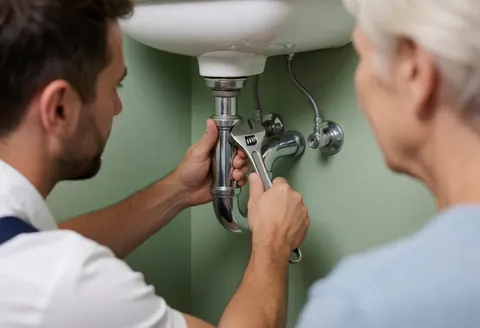 Un plombier ajuste des tuyaux avec une clé sous un lavabo blanc pendant qu'un client observe attentivement dans une salle de bain lumineuse.
