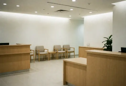 Intérieur lumineux d'une boutique d'optique avec mobilier en bois clair, sièges d'attente, murs blancs et plante verte créant une atmosphère professionnelle.