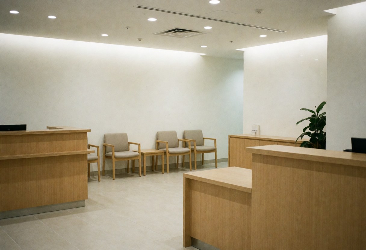 Intérieur lumineux d'une boutique d'optique avec mobilier en bois clair, sièges d'attente, murs blancs et plante verte créant une atmosphère professionnelle.