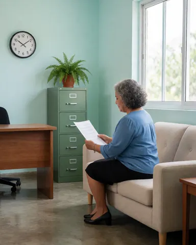 Une femme souriante lit des documents sur un bureau en bois dans un bureau lumineux avec canapé et plante.