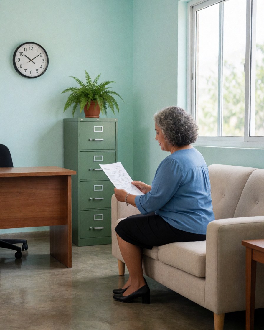 Une femme souriante lit des documents sur un bureau en bois dans un bureau lumineux avec canapé et plante.