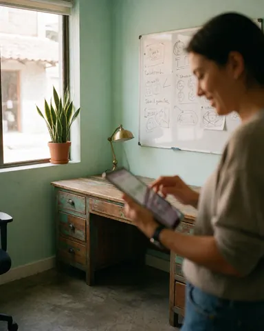 Une cliente souriante utilise une tablette dans un bureau lumineux aux murs verts, avec un bureau en bois et une plante près de la fenêtre.