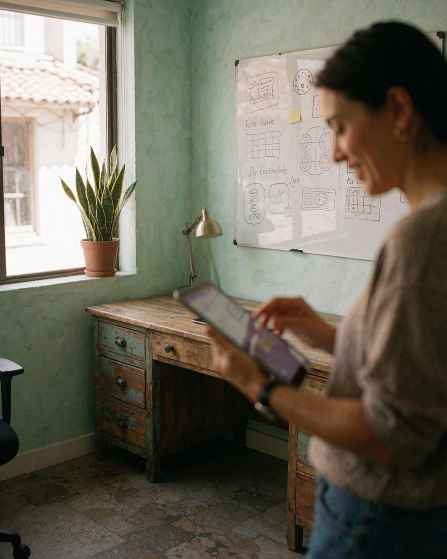 Une cliente souriante utilise une tablette dans un bureau lumineux aux murs verts, avec un bureau en bois et une plante près de la fenêtre.