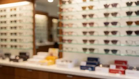 Arrière-plan flou d'un magasin d'optique montrant des étagères de lunettes, des boîtes de produits et une table en bois avec un éclairage chaleureux et un espace pour texte.