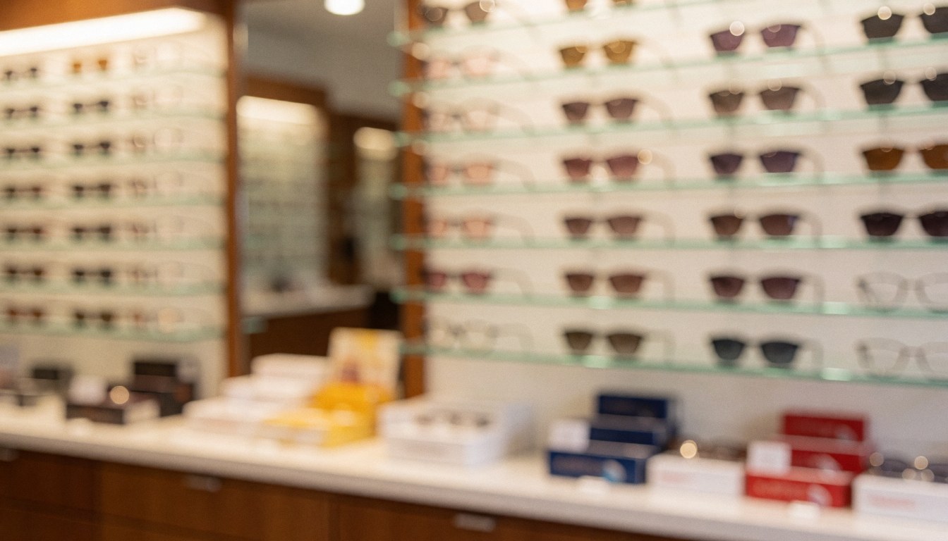Arrière-plan flou d'un magasin d'optique montrant des étagères de lunettes, des boîtes de produits et une table en bois avec un éclairage chaleureux et un espace pour texte.