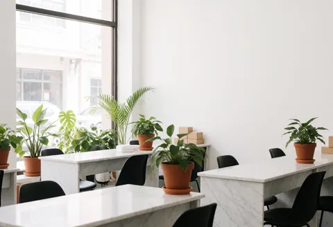 Vue intérieure d'un salon de beauté contemporain avec tables en marbre blanc, chaises noires, plantes vertes et grandes fenêtres laissant entrer la lumière naturelle.