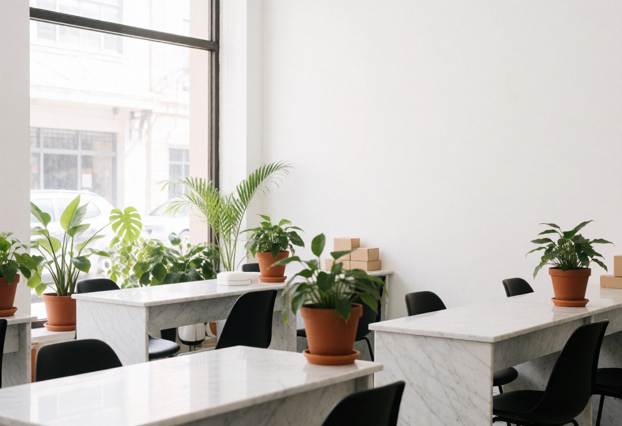 Vue intérieure d'un salon de beauté contemporain avec tables en marbre blanc, chaises noires, plantes vertes et grandes fenêtres laissant entrer la lumière naturelle.