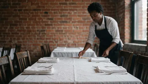 Mise en place élégante avec nappe blanche, couverts et chaises pour un événement professionnel dans un intérieur lumineux.