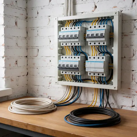 Panneau électrique avec câbles organisés sur un mur de briques blanches, adapté aux professionnels de l'électricité.