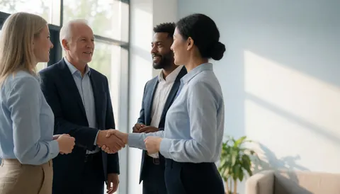 Quatre professionnels dans un bureau moderne, deux se serrent la main tandis que les autres observent avec sourire, lumière naturelle par fenêtre.