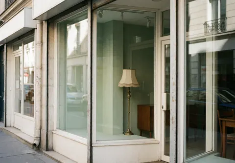 Vue extérieure d'une devanture de commerce avec une entrée claire, des vitrines en verre et un éclairage naturel mettant en valeur l'architecture du bâtiment.